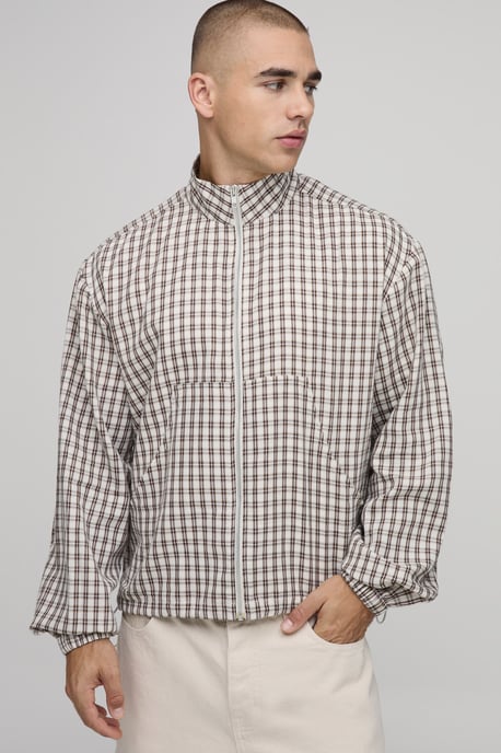Regular Fit Funnel Neck Check Harrington Overshirt - Image 1