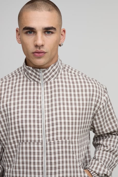 Regular Fit Funnel Neck Check Harrington Overshirt - Image 3