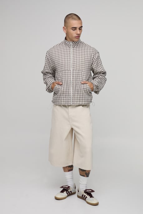 Regular Fit Funnel Neck Check Harrington Overshirt - Image 4