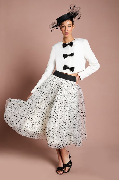 Lisa Tan Pleated Polka Dot Mesh Midi Skirt - Image 1