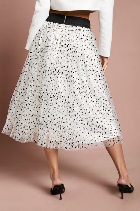 Lisa Tan Pleated Polka Dot Mesh Midi Skirt - Image 3