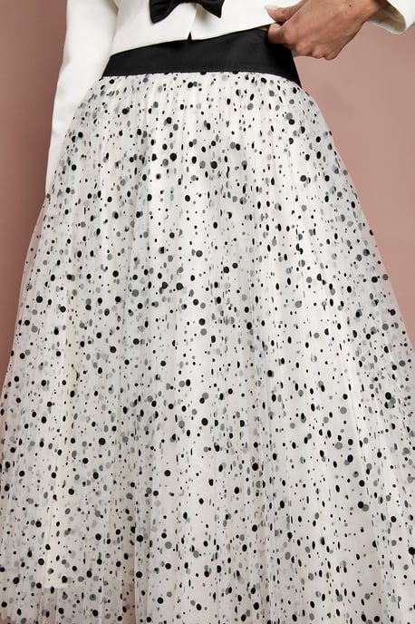 Lisa Tan Pleated Polka Dot Mesh Midi Skirt - Image 4