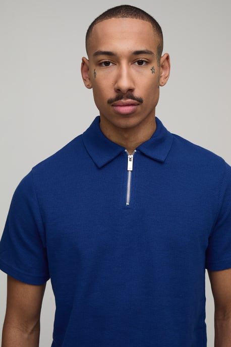 Slim Fit Waffle Zip Neck Polo & Shorts Set - Image 3