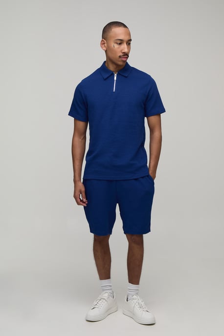 Slim Fit Waffle Zip Neck Polo & Shorts Set - Image 4