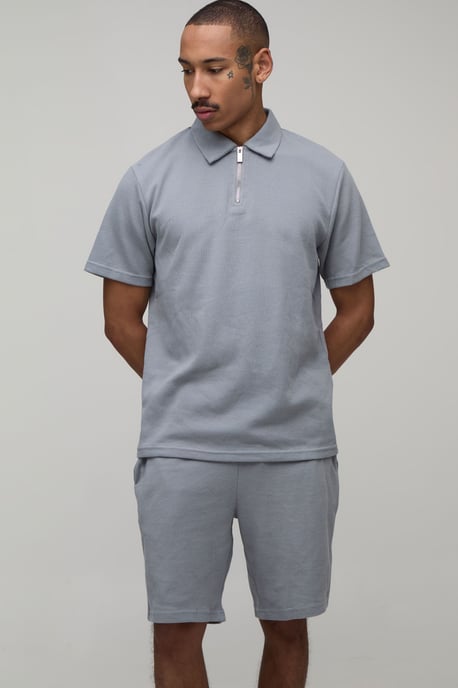 Slim Fit Waffle Zip Neck Polo & Shorts Set - Image 1