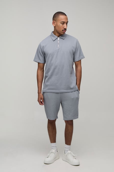 Slim Fit Waffle Zip Neck Polo & Shorts Set - Image 4