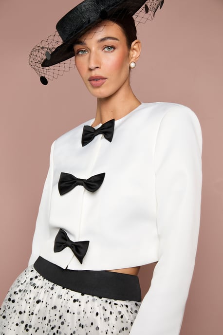 Lisa Tan Structured Satin Bow Front Jacket - Image 4