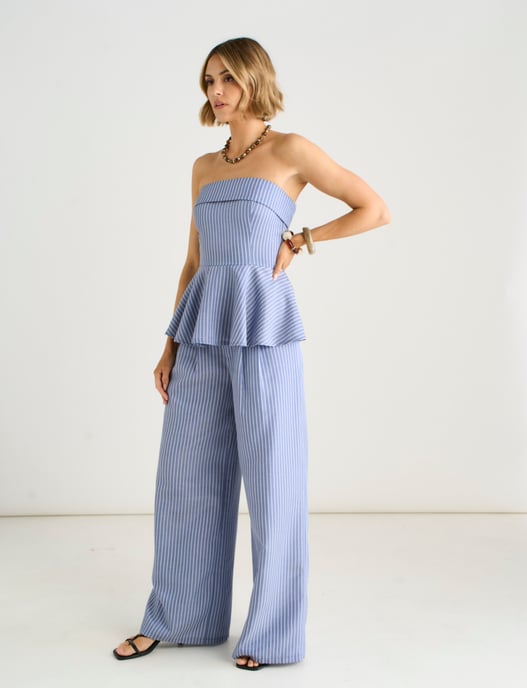 Blue Wide Leg Pleat Front Formal Trousers - Image 3