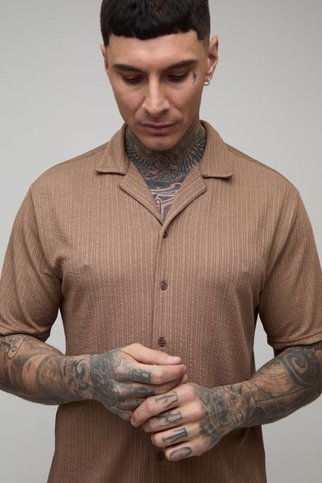 Tall Jersey Textured Ribbed Regular Shirt & Relaxed Short Set - Image 3