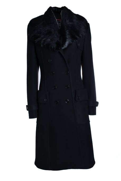 Burberry, zwarte wollen trenchcoat met bontkraag. - Image 1