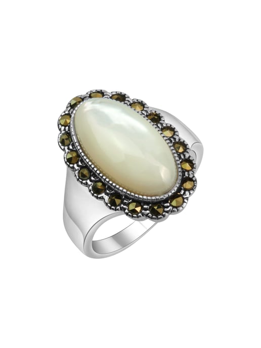 Zeeme Gemstones Ring Silver 925 oxidised with white mother-of-pearl and 18 marcasite stones - Image 2