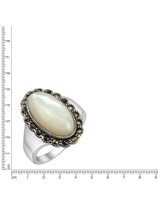 Zeeme Gemstones Ring Silver 925 oxidised with white mother-of-pearl and 18 marcasite stones - Image 3
