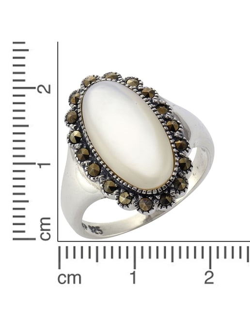 Zeeme Gemstones Ring Silver 925 oxidised with white mother-of-pearl and 18 marcasite stones - Image 4