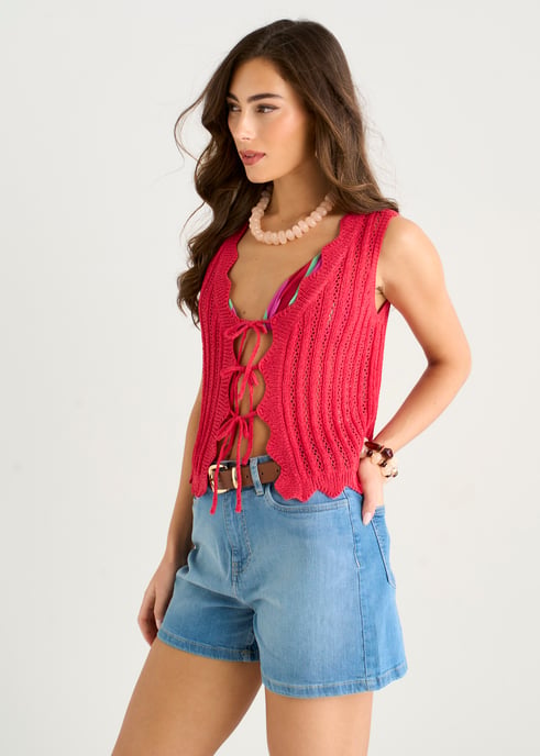 Roze vest met geschulpte rand en geknoopte sluiting aan de voorkant - Image 3