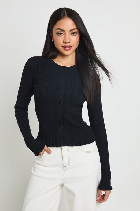 Rib Knit Lettuce Edge Cardigan - Image 1