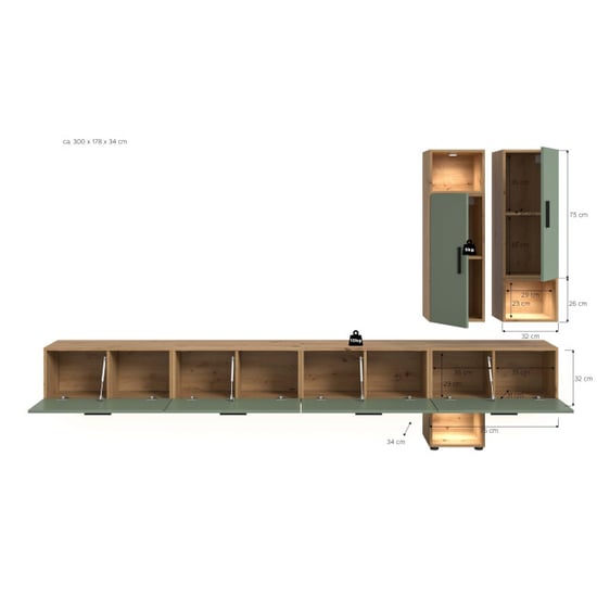 Furnilux Woonkast met ingebouwde verlichting moderne woonwand in eik en groen 300 cm - Image 4