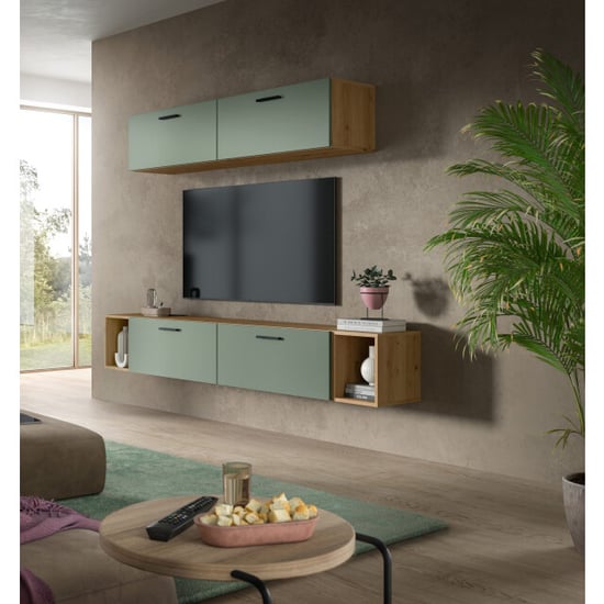 Furnilux Woonwand in artisan eik en rookgroen modulaire kast met opbergruimte 202 cm - Image 4