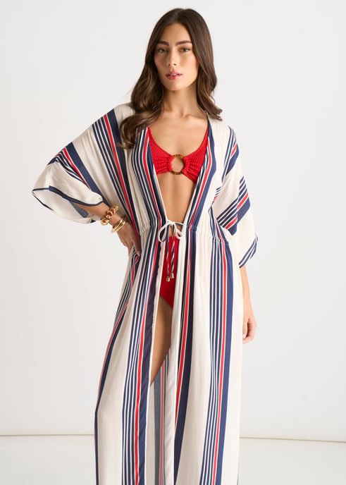 Kimono-strandkleding met streepjesmotief en stropdasdetail - Image 2