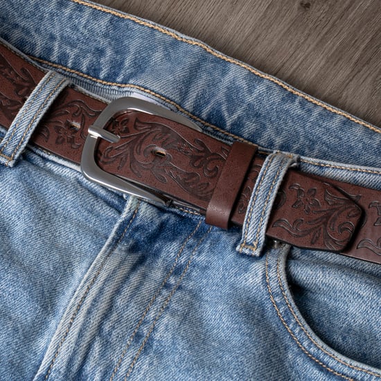 Embossed Leather Lined Belt for men - Western Style 1.25" belt in Brown - Image 2