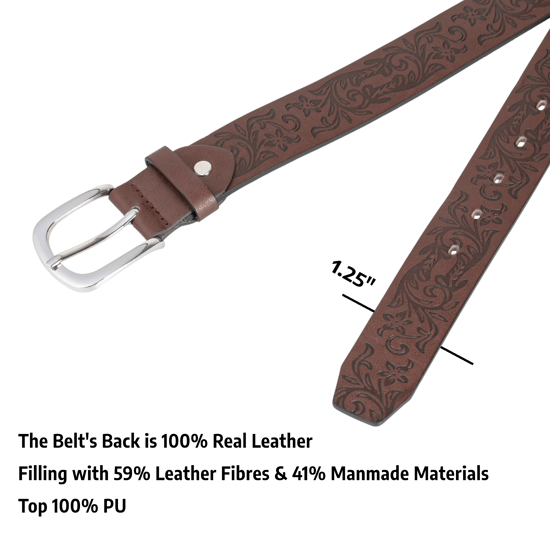 Embossed Leather Lined Belt for men - Western Style 1.25" belt in Brown - Image 4