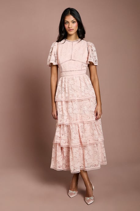 Petite Tiered Lace Dress With Flutter Sleeve & Trims - Image 1
