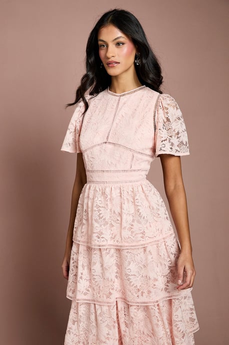 Petite Tiered Lace Dress With Flutter Sleeve & Trims - Image 2