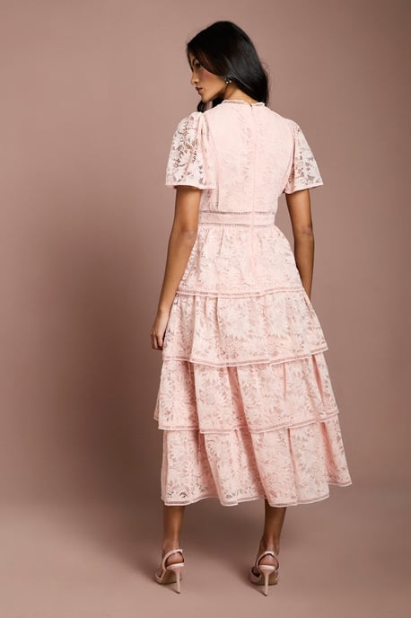 Petite Tiered Lace Dress With Flutter Sleeve & Trims - Image 3