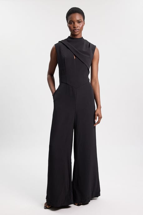 Tailored Crepe Cape Asymmetric Cape Neck Detail Jumpsuit - Image 1