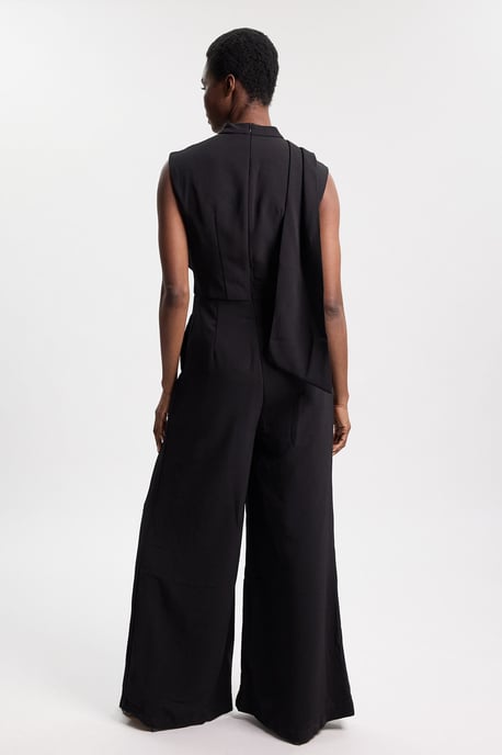 Tailored Crepe Cape Asymmetric Cape Neck Detail Jumpsuit - Image 3