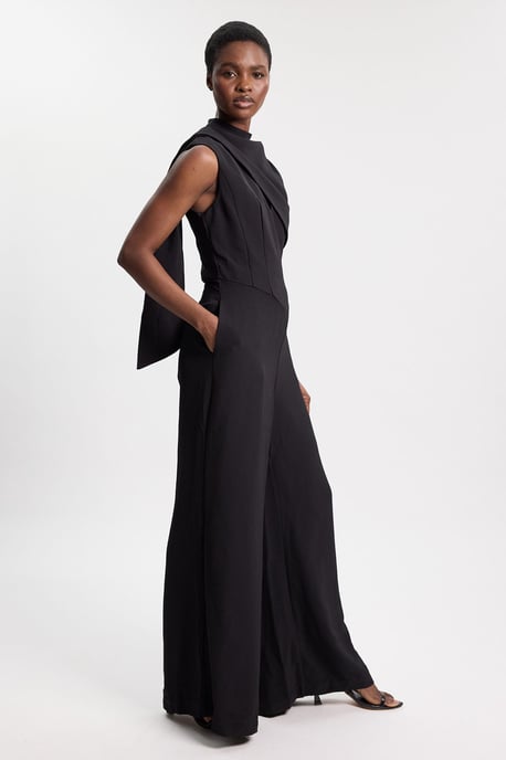 Tailored Crepe Cape Asymmetric Cape Neck Detail Jumpsuit - Image 4