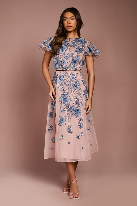 Floral Embroidered Cutwork Sleeve Midi Dress - Image 1