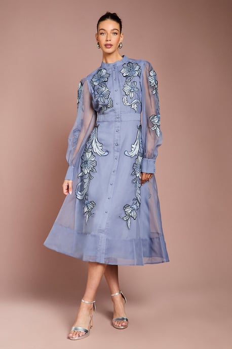 Placement Embroidered Long Sleeve Midi Dress - Image 1