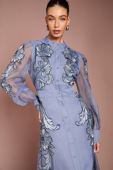 Placement Embroidered Long Sleeve Midi Dress - Image 2