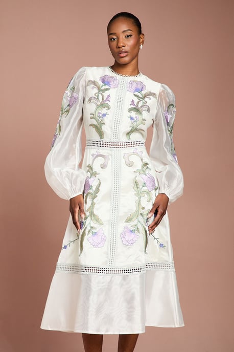 Blouson Sleeve Embroidered Midi Dress - Image 2