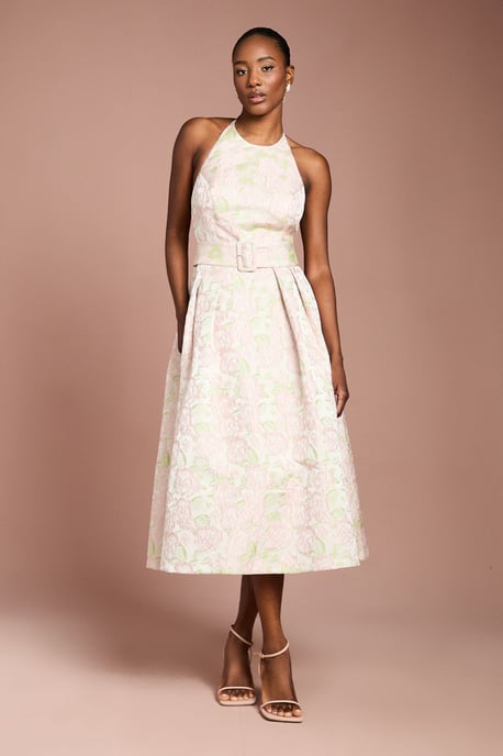Halter Neck Jacquard Belted Midi Dress - Image 1