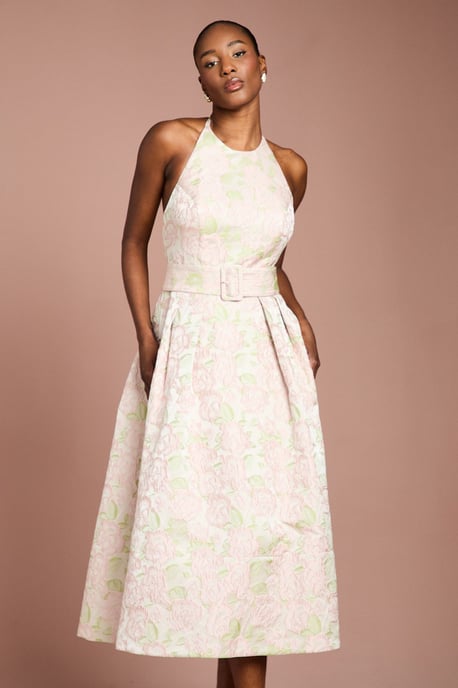 Halter Neck Jacquard Belted Midi Dress - Image 2