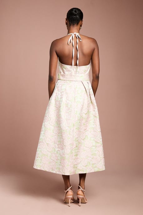 Halter Neck Jacquard Belted Midi Dress - Image 3