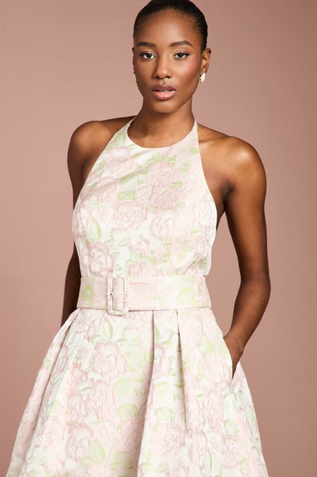 Halter Neck Jacquard Belted Midi Dress - Image 4