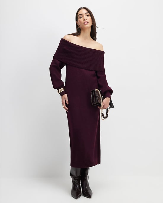 River Island Womens Bardot Midi Dress Red Knit Long Sleeve - Image 1