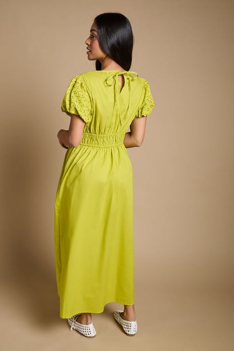 Petite Button Front Puff Sleeve Broderie Midi Dress - Image 3