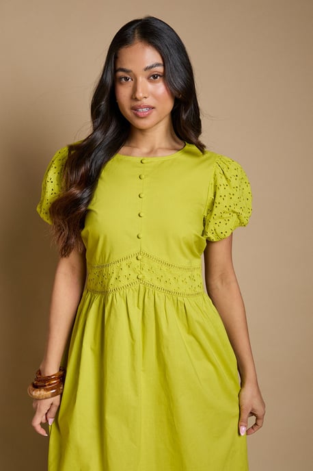 Petite Button Front Puff Sleeve Broderie Midi Dress - Image 4