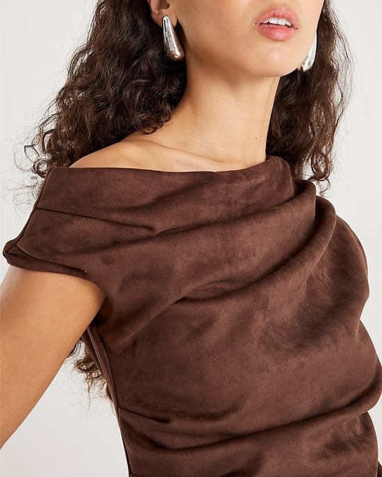 River Island Womens Midi Dress Brown Faux Suede Sleeveless Drape - Image 2
