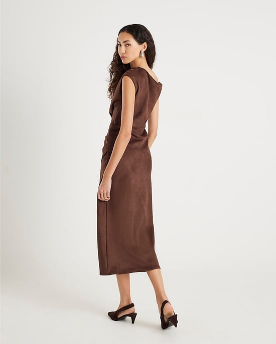 River Island Womens Midi Dress Brown Faux Suede Sleeveless Drape - Image 3