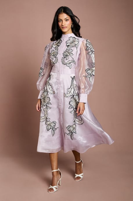 Petite Placement Embroidered Long Sleeve Midi Dress - Image 1