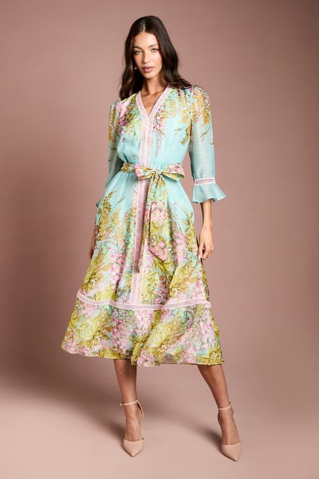 Lace Trim Placement Print 3/4 Sleeve Midi Dress - Image 1