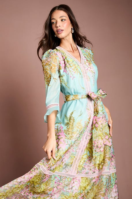 Lace Trim Placement Print 3/4 Sleeve Midi Dress - Image 2