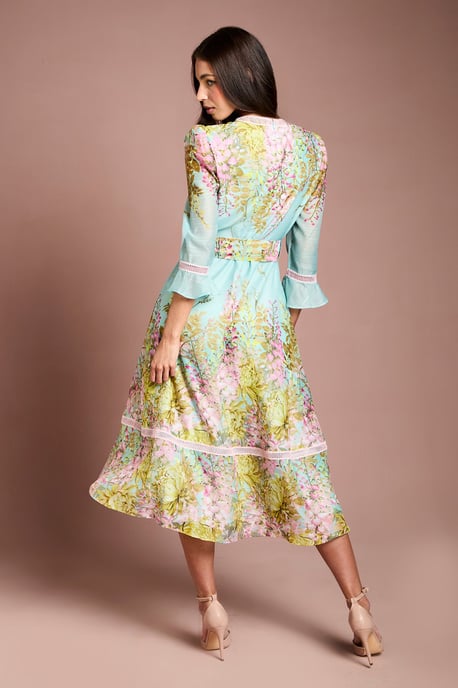 Lace Trim Placement Print 3/4 Sleeve Midi Dress - Image 3