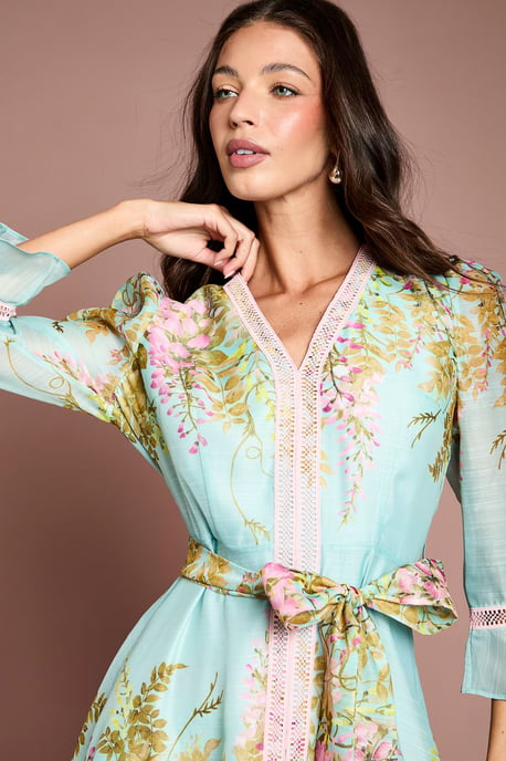 Lace Trim Placement Print 3/4 Sleeve Midi Dress - Image 4
