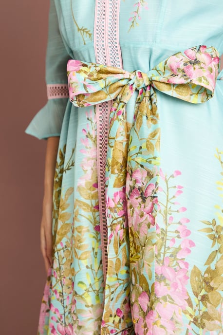 Lace Trim Placement Print 3/4 Sleeve Midi Dress - Image 5