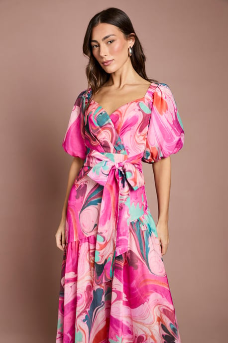 Printed Puff Sleeve Wrap Belted Midi Dress - Image 2